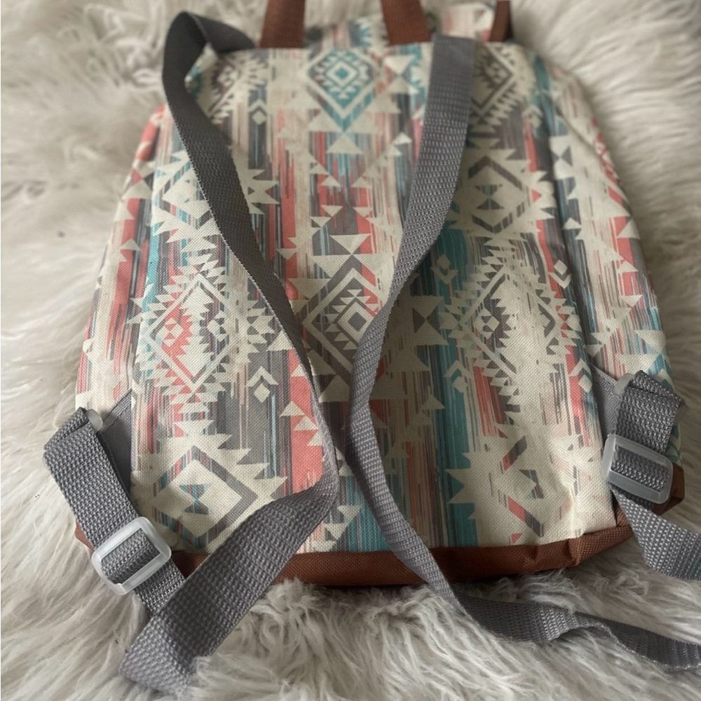 Geometric Patterned Backpack With Brown Accents - image 3
